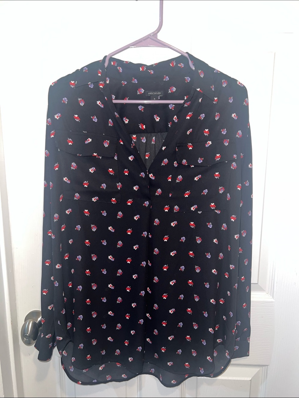 Ann Taylor Black Blouse with Red & Purple Floral Print